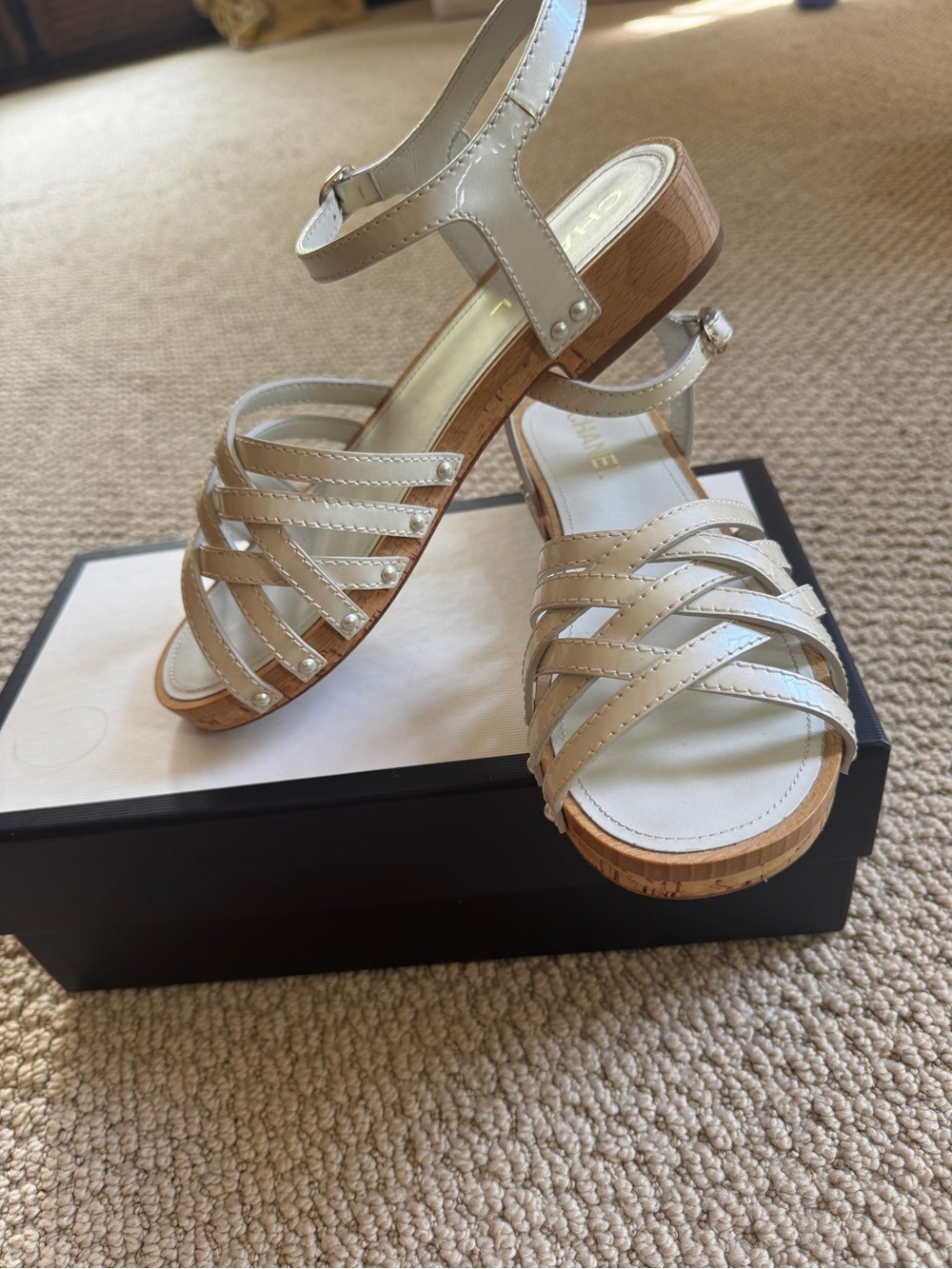 CHANEL Cream Metallic Strappy wood Block Heel Sandals